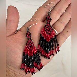Hand beaded Red and Black Dangle Earrings